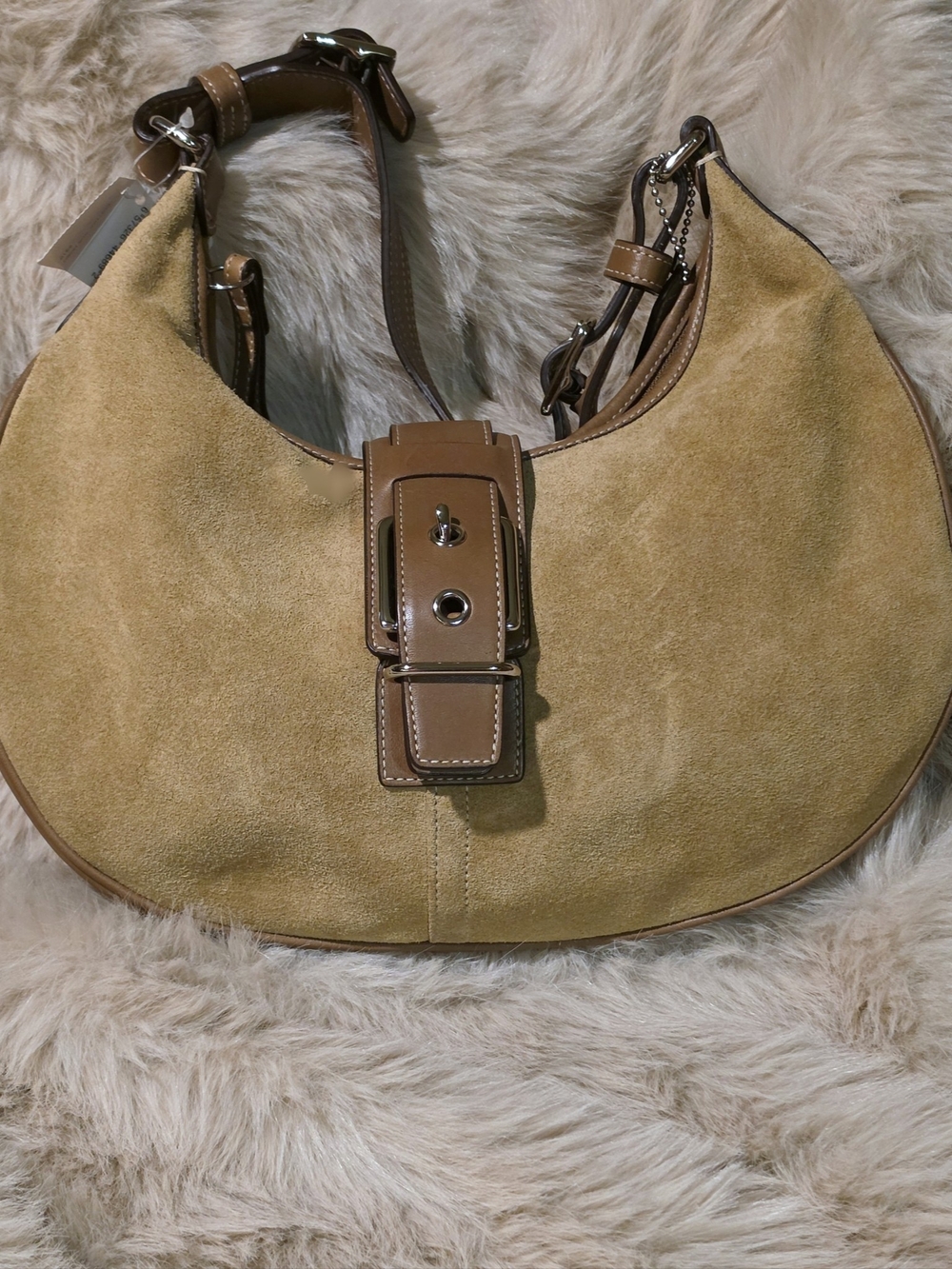 Leather-Trim Suede Hobo Bag in Tan